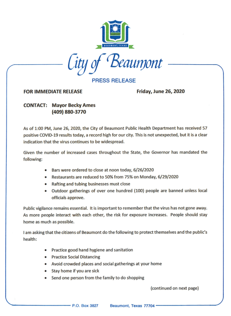 Mayor’s Press Release Reference Governor’s New Orders and