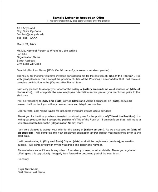 FREE 7+ Sample Job Offer Acceptance Letter Templates in MS