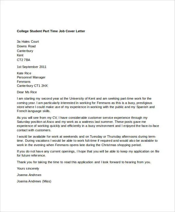 11+ PartTime Job Cover Letter Templates Free Sample
