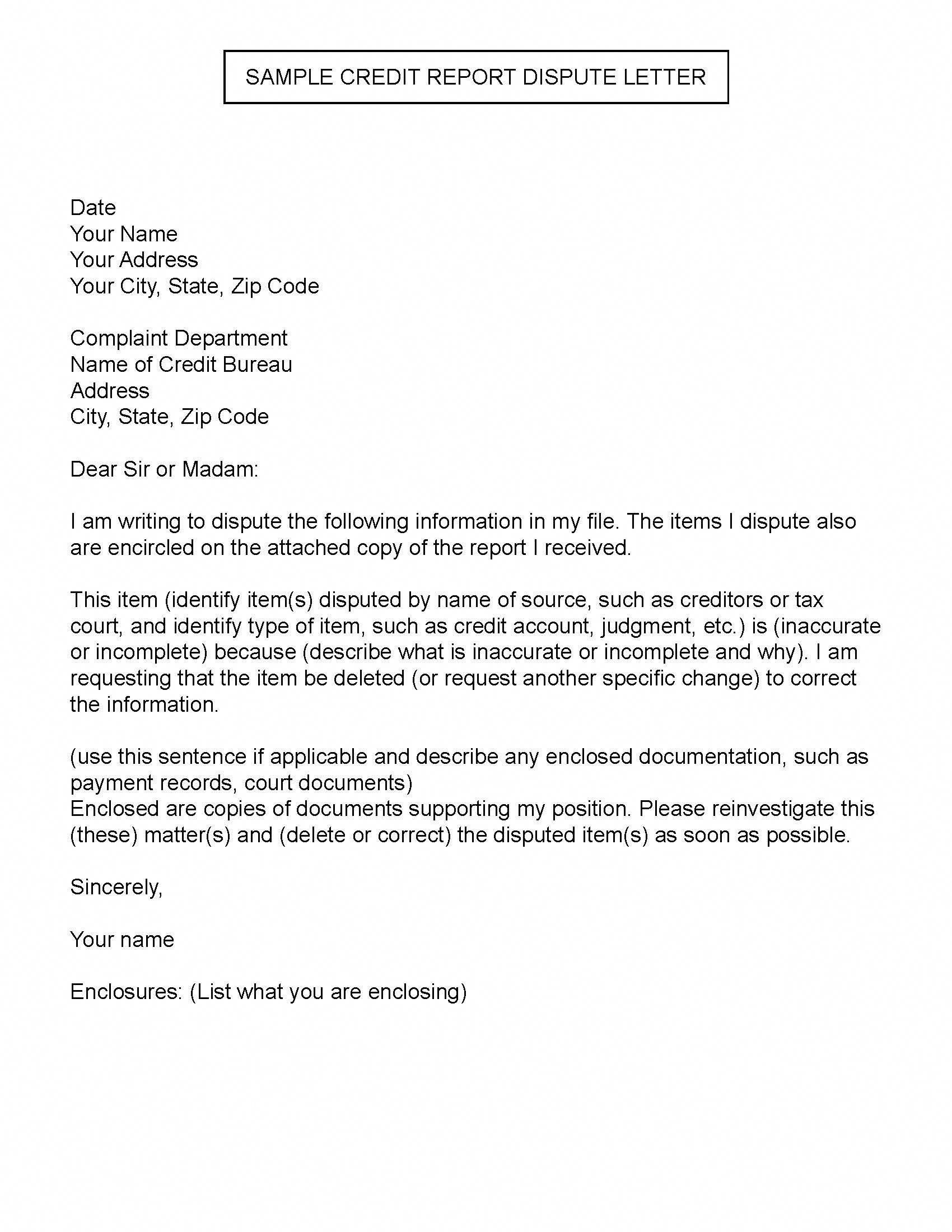Sample Credit Report Dispute Letter creditrepairletters 