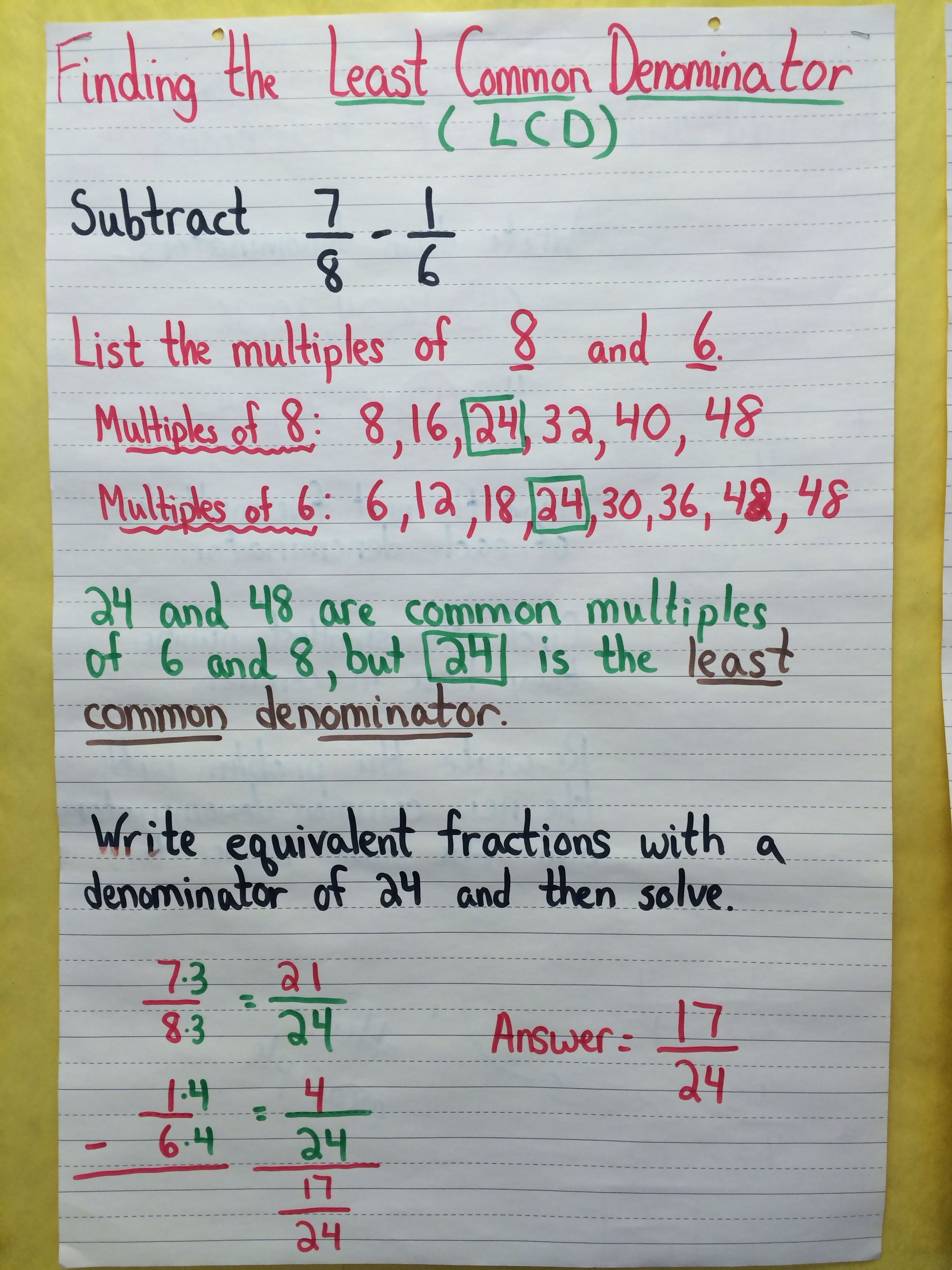 Finding the Least Common Denominator Math charts, Math