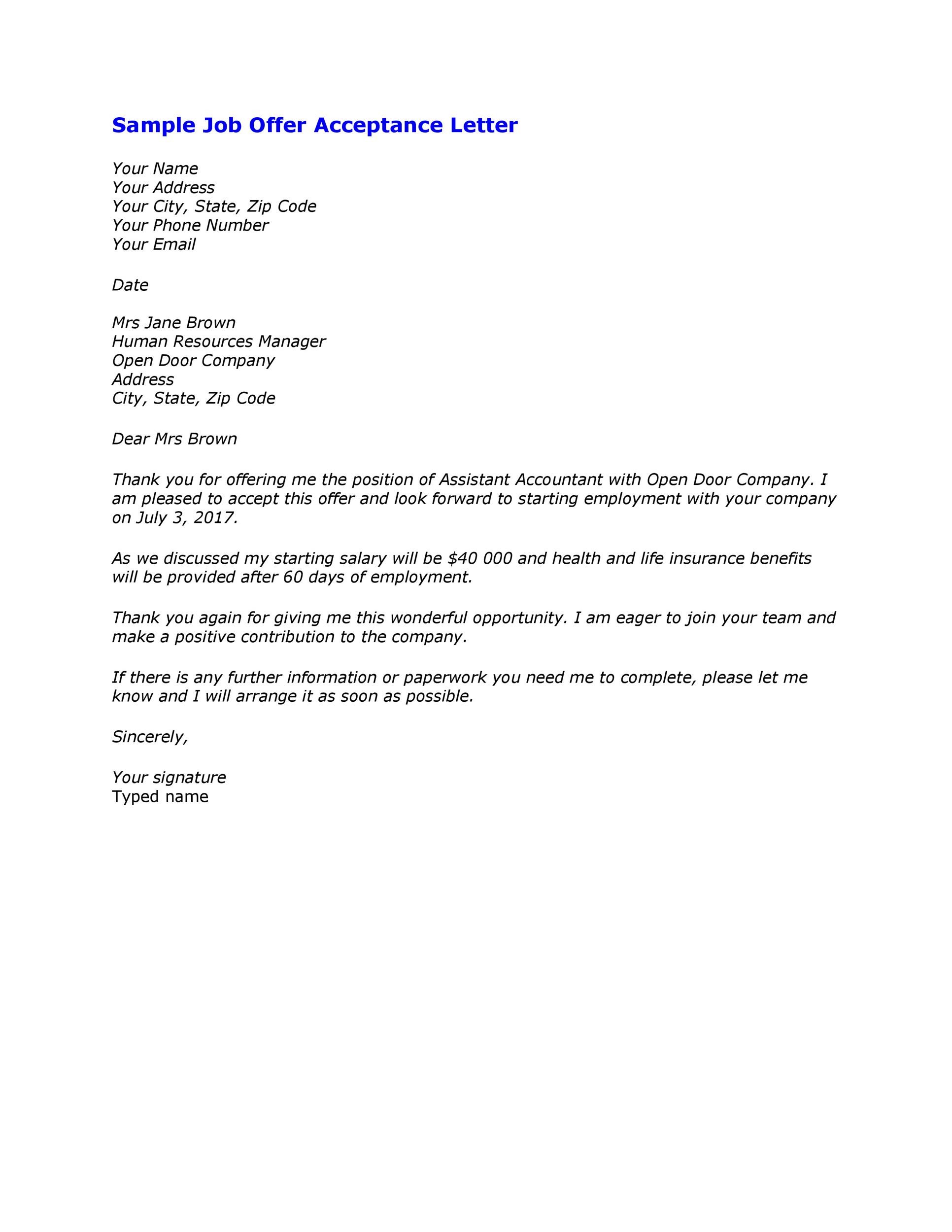 40 Professional Job Offer Acceptance Letter & Email